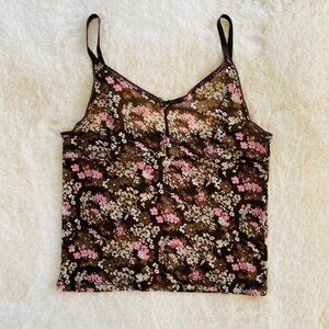 2/$18🌴 Old Navy Y2K Camisole Tank Top Brown with Pink Flowers Sheer Size M